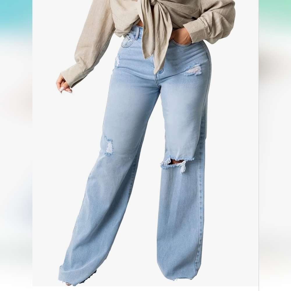 Women's Light Blue Wide Leg Distressed Jeans